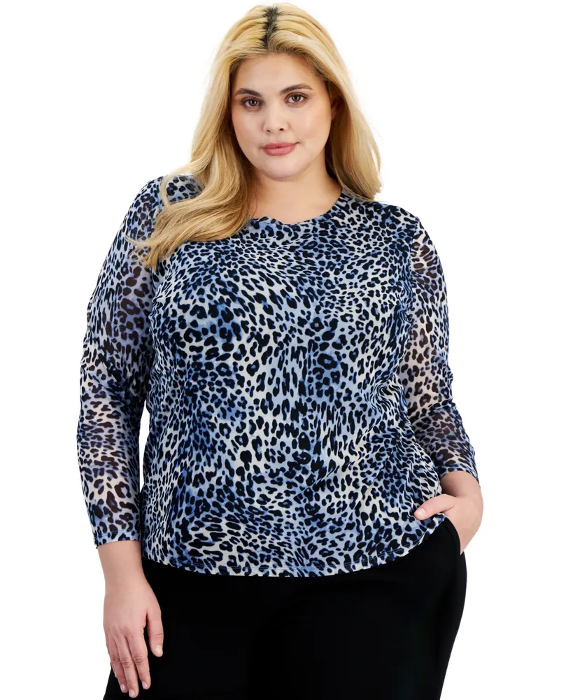 Bar Iii Plus Animal-Print Long-Sleeve Mesh Top, Created for Macy's