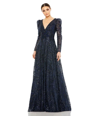 Women's Embellished V Neck Long Sleeve A Line Gown