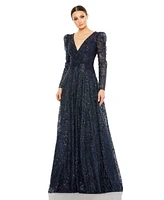 Women's Embellished V Neck Long Sleeve A Line Gown