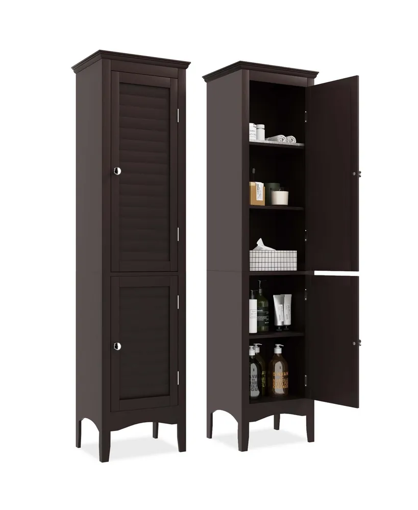 Tall Bathroom Floor Cabinet Narrow Linen Tower with 2 Doors & Adjustable Shelf