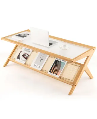Bamboo Coffee Table 48'' 2-Tier Glass Tabletop Handwoven Rattan Storage Shelf