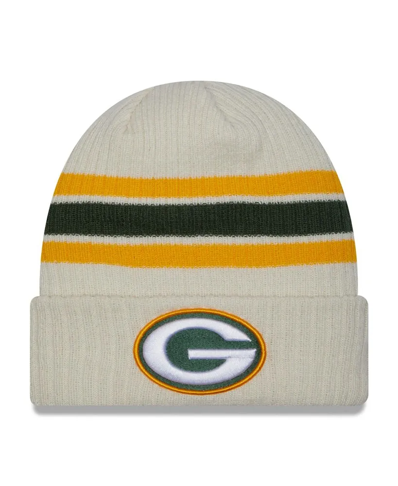 Men's New Era Cream Green Bay Packers Team Stripe Cuffed Knit Hat