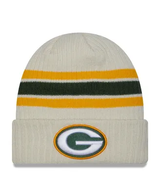 Men's New Era Cream Green Bay Packers Team Stripe Cuffed Knit Hat