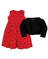 Hudson Baby Toddler Girls Quilted Cardigan 2pc set and Dress, Red Black Bows