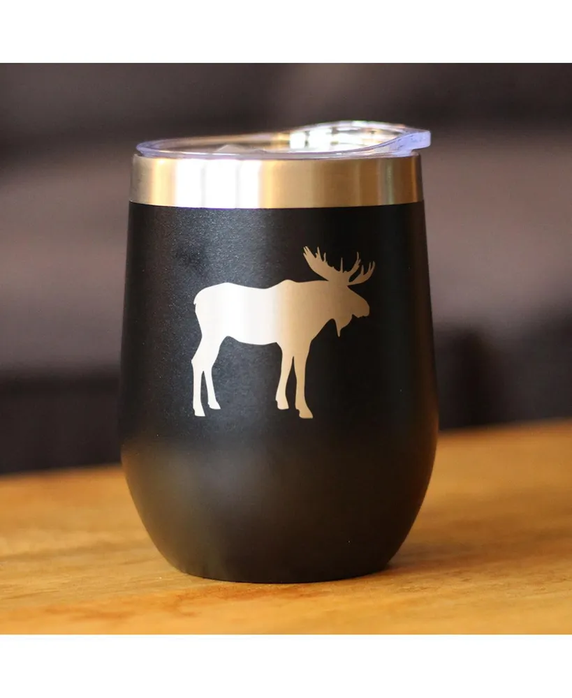 Moose Wine Tumbler with Sliding Lid - Stemless Stainless Steel Insulated Cup - Cute Outdoor Camping Mug - Purple