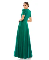 Women's Plunge Neck Puff Sleeve Gown