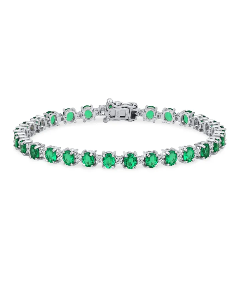 Simple Strand Alternating Created Green Emerald & Zircon Tennis Bracelet For Women .925 Sterling Silver May Birthstone 7.25 Inch