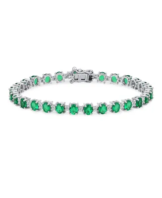Simple Strand Alternating Created Green Emerald & Zircon Tennis Bracelet For Women .925 Sterling Silver May Birthstone 7.25 Inch