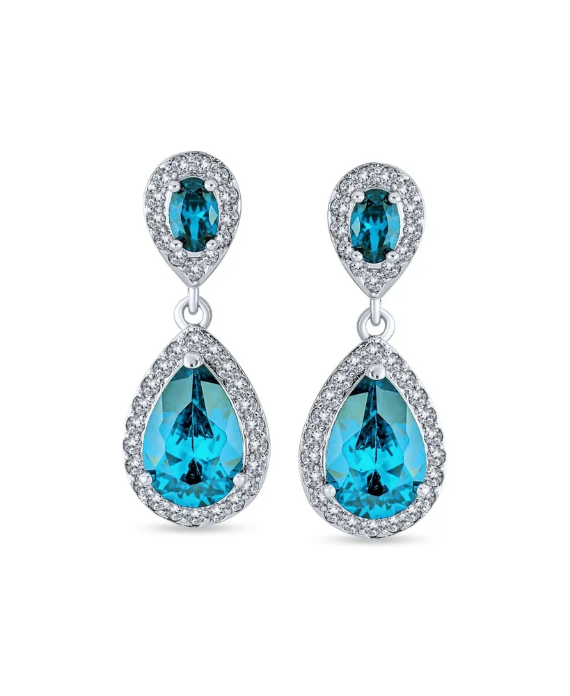 Simulated Blue Topaz Pave Cz Halo Teardrop Pear Shape Dangle Drop Statement Earrings For Women Prom Rhodium Plated Brass