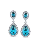 Simulated Blue Topaz Pave Cz Halo Teardrop Pear Shape Dangle Drop Statement Earrings For Women Prom Rhodium Plated Brass