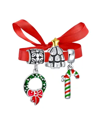 Bling Jewelry Christmas Tree Set of 3 Wreath & Candy Cane Holiday Dangling Enamel Green Elf Charm Bead Women For Teen .925 Sterling Silver For Europea