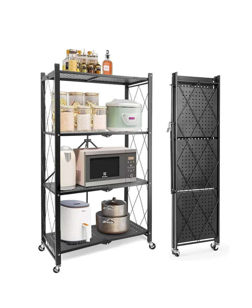 4-Tier Foldable Storage Shelving Unit, Heavy Duty Metal Shelf, Kitchen Shelf with 3 Hooks