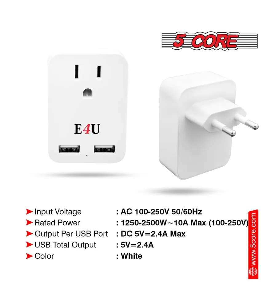 5 Core Usb Wall Charger White with Surge Protector, Multi Charging Power Outlet