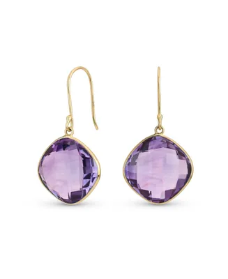 Bling Jewelry Classic Elegant 10K Gold Faceted Briolette Bezel Set Square Cushion Cut Purple Natural Amethyst Dangle Drop Earrings For Women Wire Fish