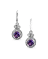 Bling Jewelry Classic Art Deco Style Purple Synthetic Amethyst Halo Circle Circlet Rosette Solitaire Drop Earrings For Women Sterling Silver