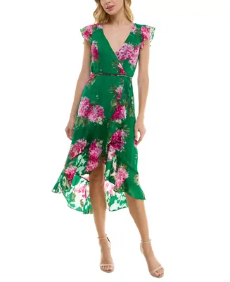 Bcx Juniors' Floral-Print Jacquard Faux Wrap Dress