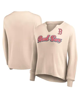 Women's Fanatics Cream Distressed Boston Red Sox Go For It Waffle Knit Long Sleeve Notch Neck T-shirt