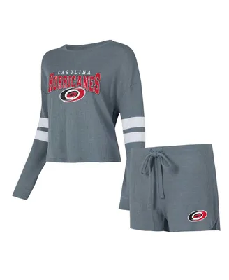 Women's Concepts Sport Gray Distressed Carolina Hurricanes Meadow Long Sleeve T-shirt and Shorts Sleep Set