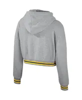 Women's The Wild Collective Heather Gray Distressed Michigan Wolverines Cropped Shimmer Pullover Hoodie