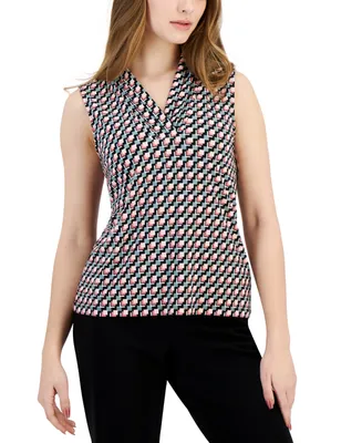 Anne Klein Petite Printed Pleated V-Neck Top