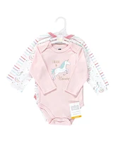 Hudson Baby Girls Cotton Long-Sleeve Bodysuits, Glitter Unicorn, 3-Pack