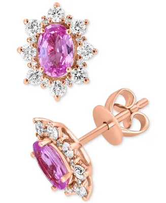 Effy Pink Sapphire (1-1/20 ct. t.w.) & Diamond (1/2 ct. t.w.) Halo Stud Earring in 14k Rose Gold