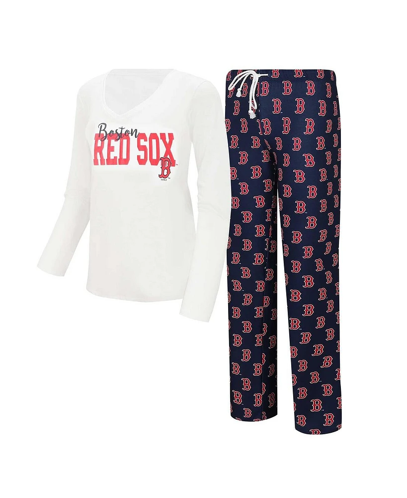 Women's Concepts Sport White, Navy Boston Red Sox Long Sleeve V-Neck T-shirt and Gauge Pants Sleep Set