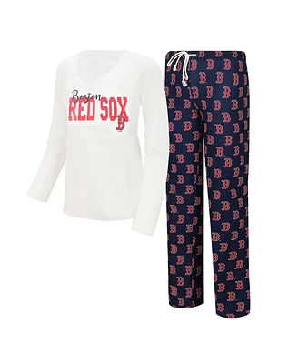 Women's Concepts Sport White, Navy Boston Red Sox Long Sleeve V-Neck T-shirt and Gauge Pants Sleep Set