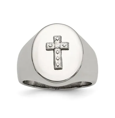 Chisel Stainless Steel Polished Sterling Silver Cross Cz Signet Ring