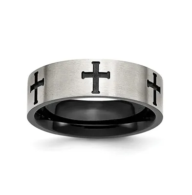 Chisel Stainless Steel Brushed Black Ip-plated Crosses 7mm Band Ring