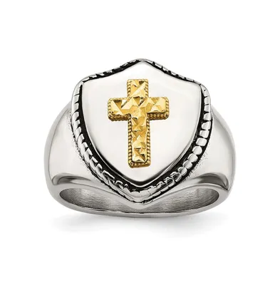 Chisel Stainless Steel 14k Gold Accent Antiqued Cross on Shield Ring