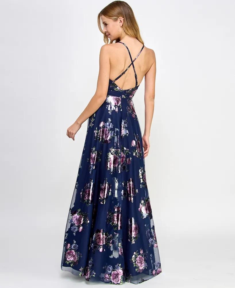 City Studios Juniors' Strappy Floral Metallic Mesh Gown, Created for Macy's