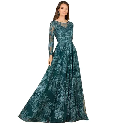 Women's Long Sleeve, Illusion Neck Gown