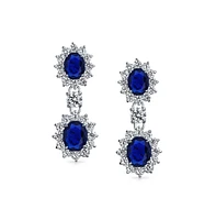 Bling Jewelry Art Deco Style Crown Halo Oval Cubic Zirconia Royal Blue Cz Fashion Dangle Drop Earrings For Prom smaid Rhodium Plated