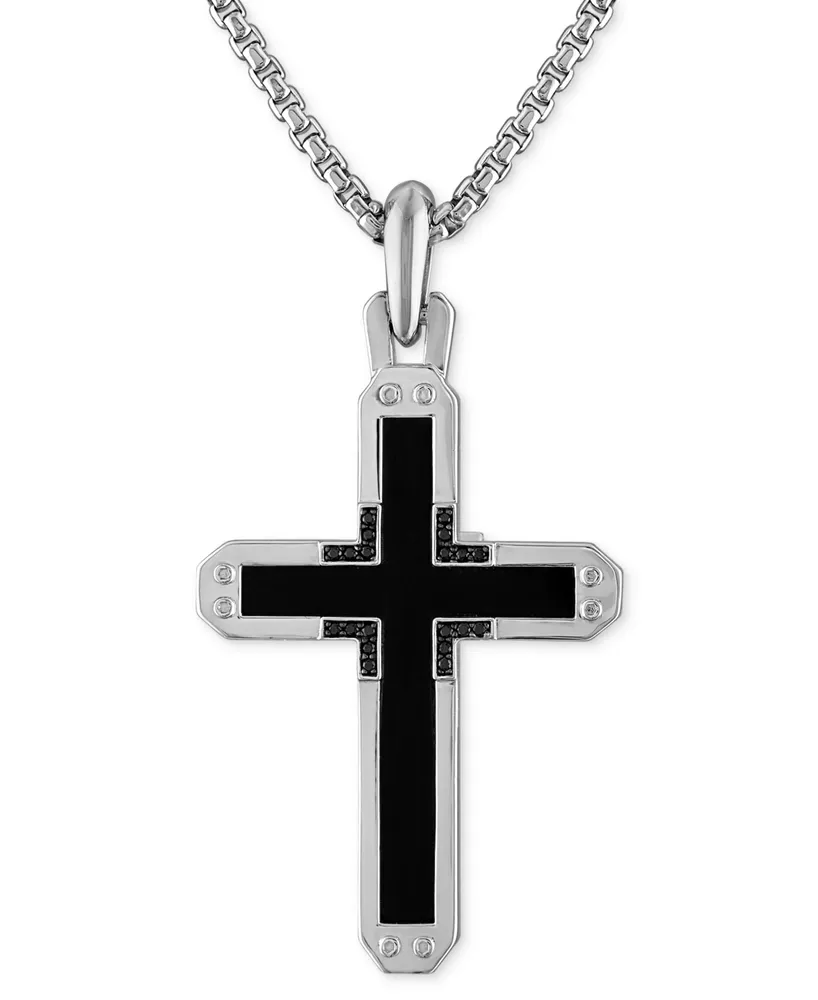 Bulova Sterling Silver Black Onyx & Black Diamond Cross Pendant Necklace, 24" + 2" extender