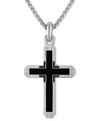 Bulova Sterling Silver Black Onyx & Black Diamond Cross Pendant Necklace, 24" + 2" extender