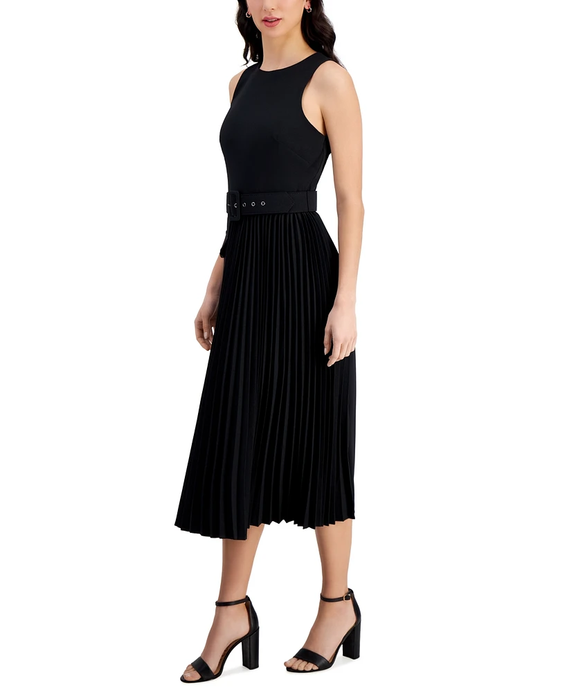 Taylor Women's Belted Stretch Crepe Sunburst-Pleat Dress