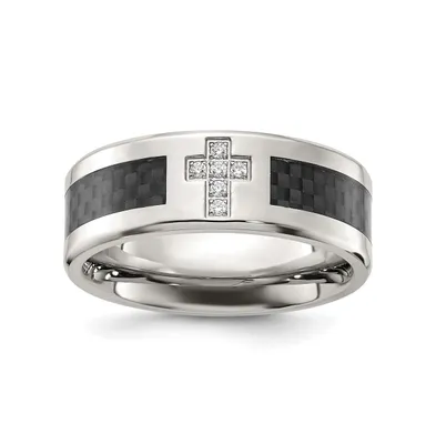 Chisel Stainless Steel Black Fiber Inlay Cz Cross 8mm Band Ring