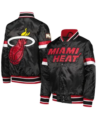 Big Boys Starter Black Miami Heat Home Game Varsity Satin Full-Snap Jacket