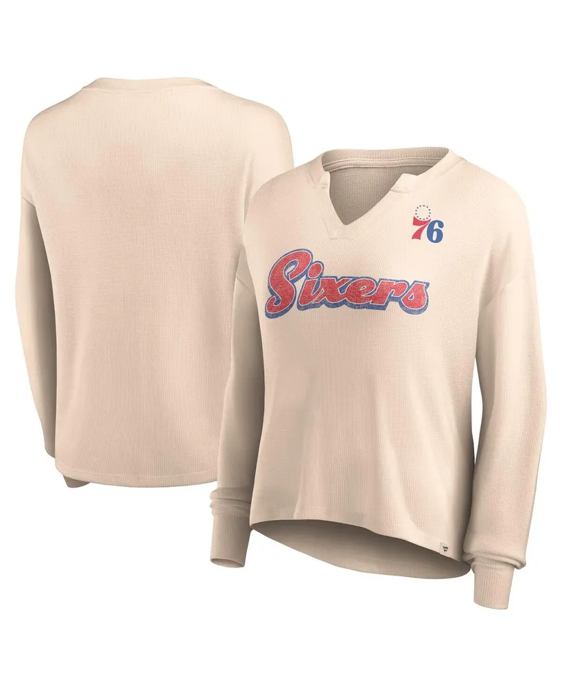 Women's Fanatics Tan Distressed Philadelphia 76ers Go For It Long Sleeve Notch Neck T-shirt