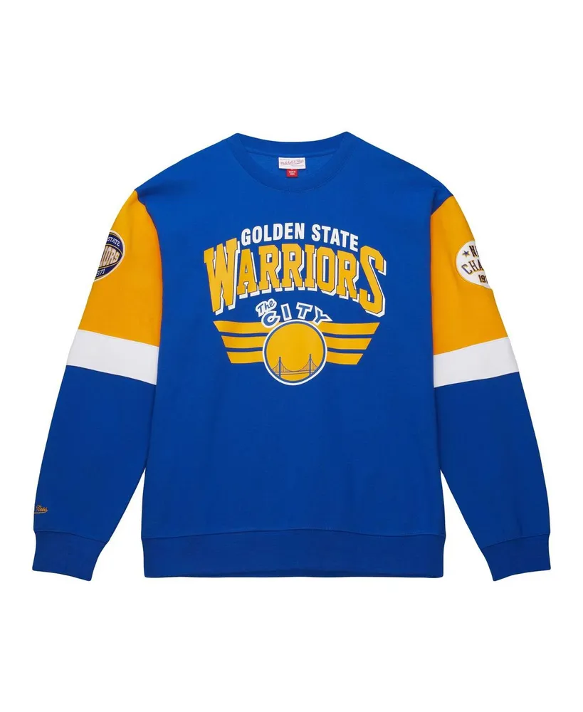 Men's Mitchell & Ness Royal Distressed Golden State Warriors Hardwood Classics Vintage-Like All Over 3.0 Pullover Sweatshirt