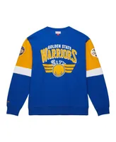 Men's Mitchell & Ness Royal Distressed Golden State Warriors Hardwood Classics Vintage-Like All Over 3.0 Pullover Sweatshirt