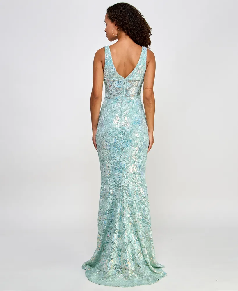City Studios Juniors' Embellished Lace Square-Neck Gown