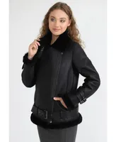 Women's Shearling Belted Biker Jacket, Silky Black with Wool