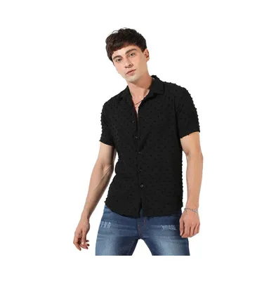 Campus Sutra Men's Jet Black Self-Design Pom-Pom Shirt