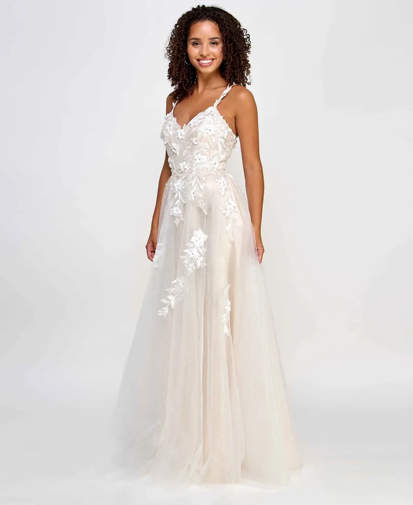 Say Yes Juniors' Embellished Flower-Bodice Ball Gown, Created for Macy's