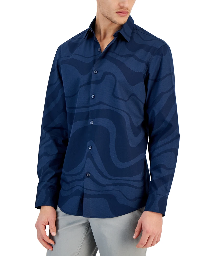 Alfani Men's Ocean Wave Regular-Fit Stretch Printed Button-Down Shirt, Created for Macy's