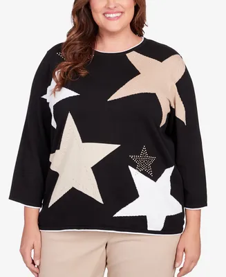 Alfred Dunner Plus Neutral Territory Star Patch Crew Neck Sweater