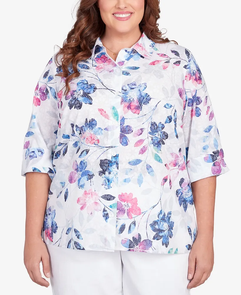 Alfred Dunner Plus Size Classic Denim Floral Burnout Button Down Top