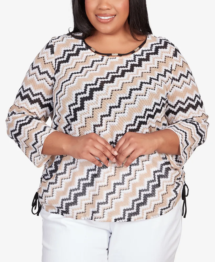 Alfred Dunner Plus Classic Neutrals Shimmering Chevron 3/4 Sleeve